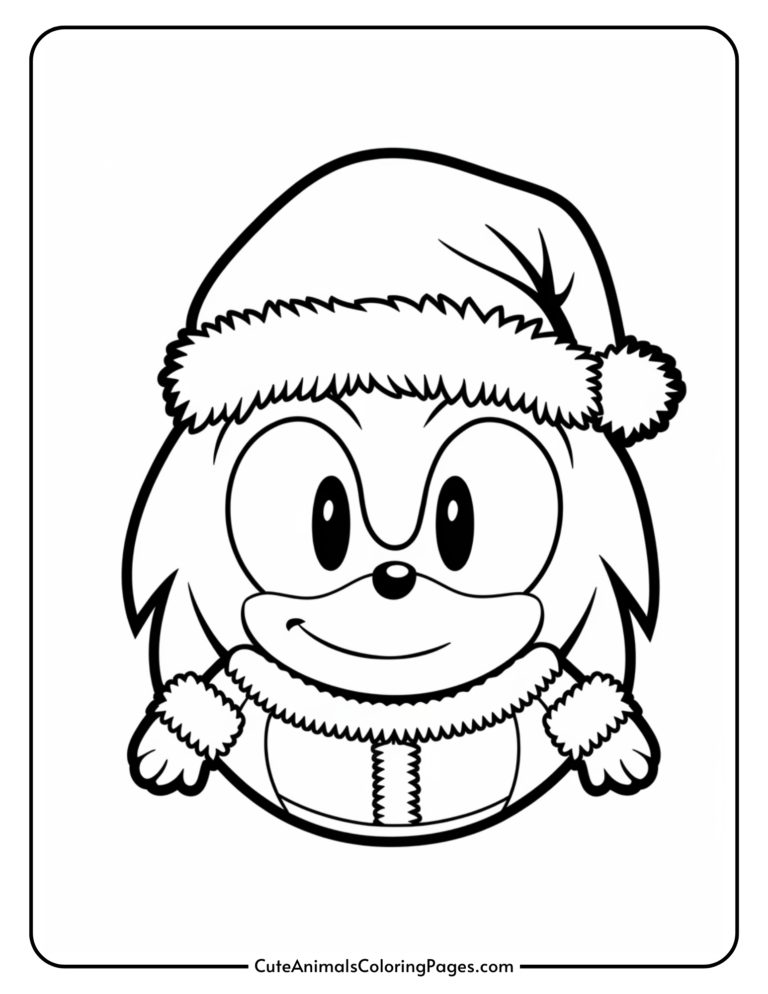 Black and white coloring page of a cheerful cartoon hedgehog wearing a Santa hat and winter coat, perfect for kids' holiday-themed activities.