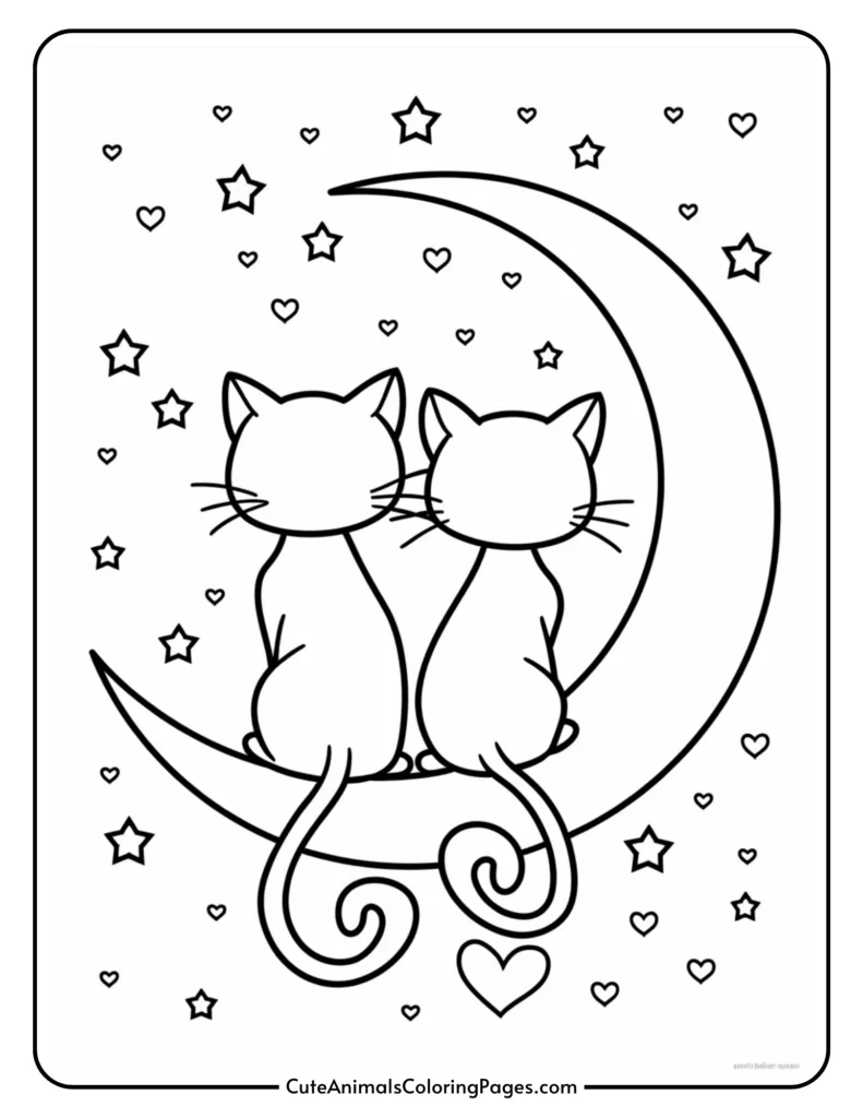 Two cats sitting on a crescent moon surrounded by stars and hearts, outlined for coloring.