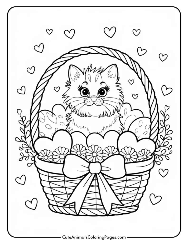 A cute cat sitting in a basket filled with flowers and Easter eggs, surrounded by small hearts.