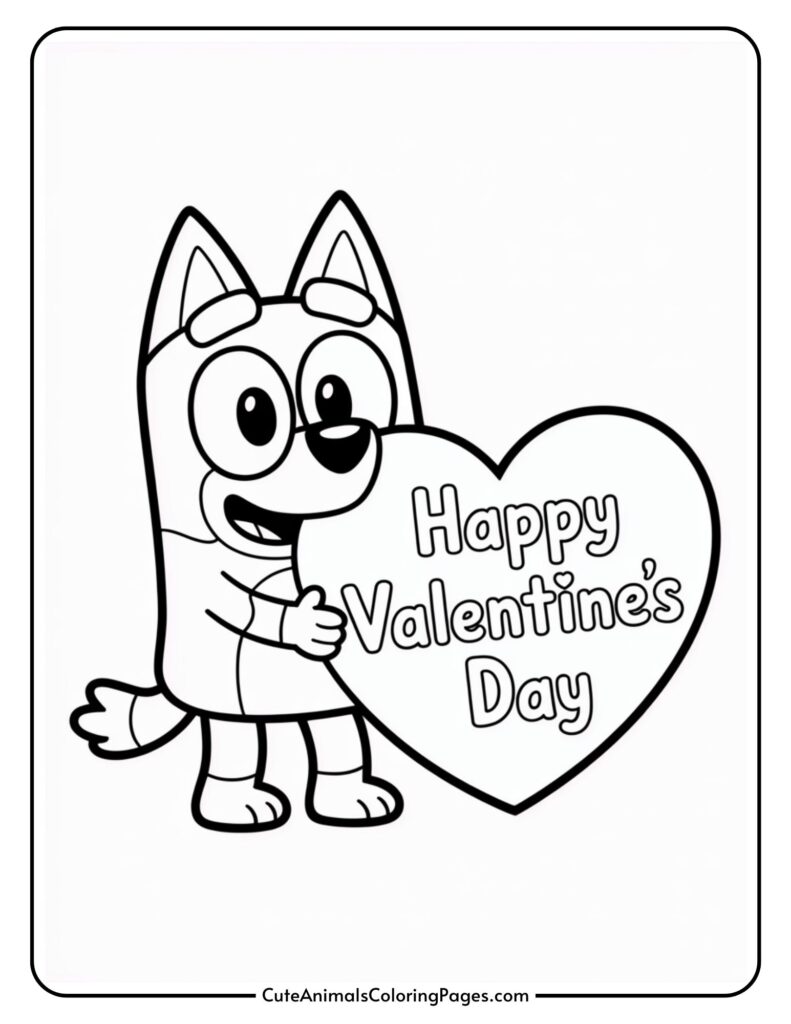 Cartoon dog holding a heart with "Happy Valentine's Day" text.