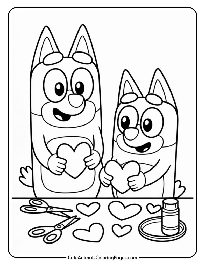 Two cartoon dogs hold heart shapes, surrounded by crafting supplies like scissors and glue.