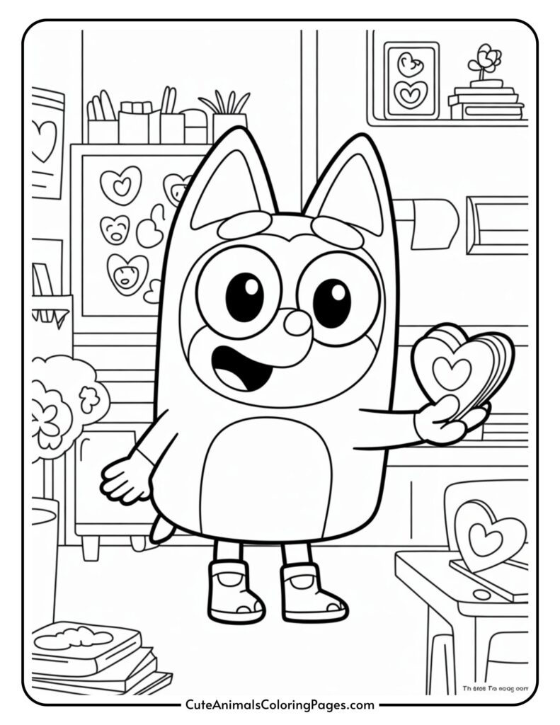Cartoon character with large glasses holds a heart in a room filled with heart decorations.