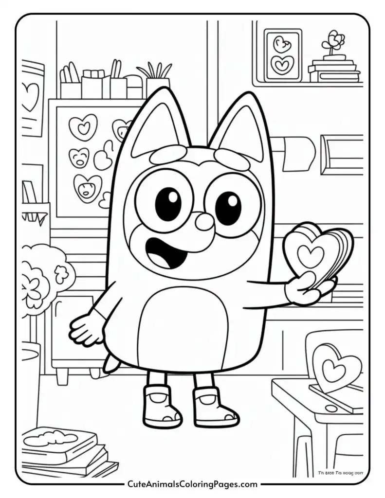 Cartoon character with large glasses holds a heart in a room filled with heart decorations.