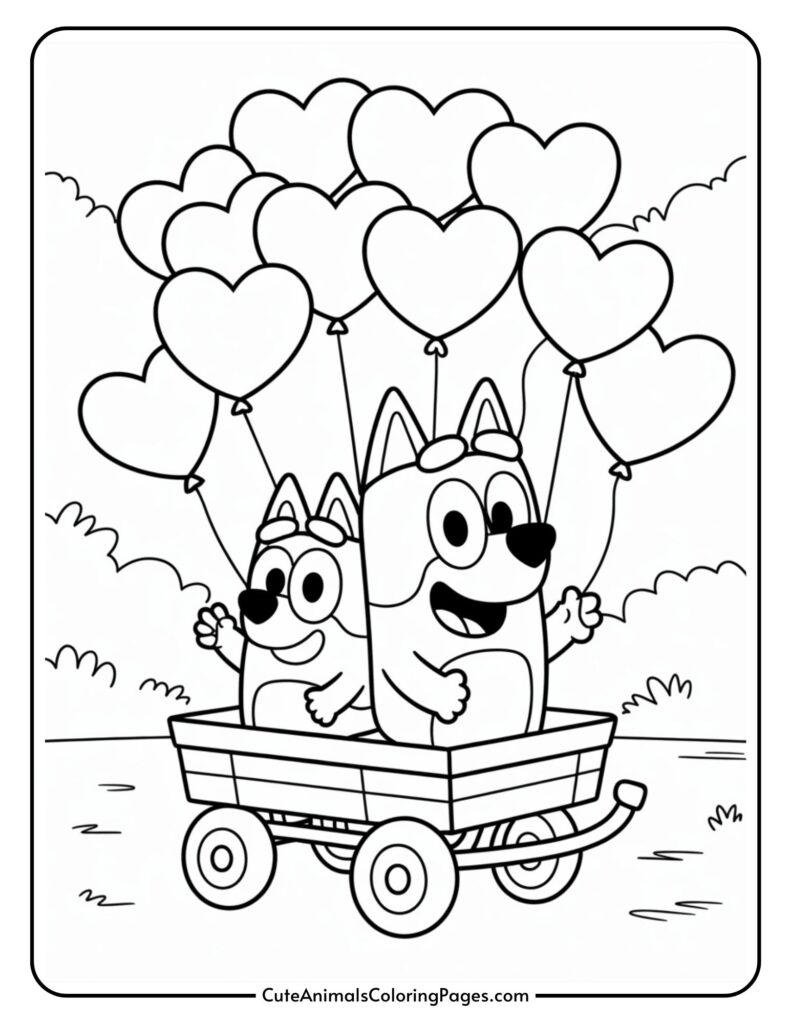 Two cartoon dogs sit in a wagon holding heart-shaped balloons in a coloring page.