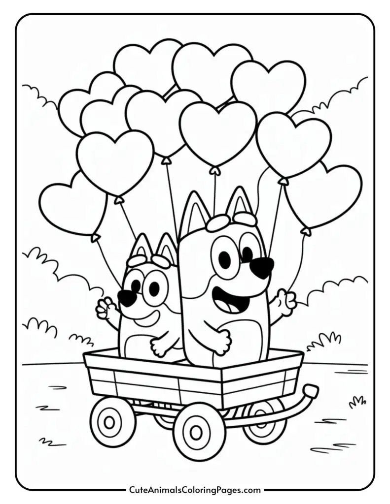 Two cartoon dogs sit in a wagon holding heart-shaped balloons in a coloring page.