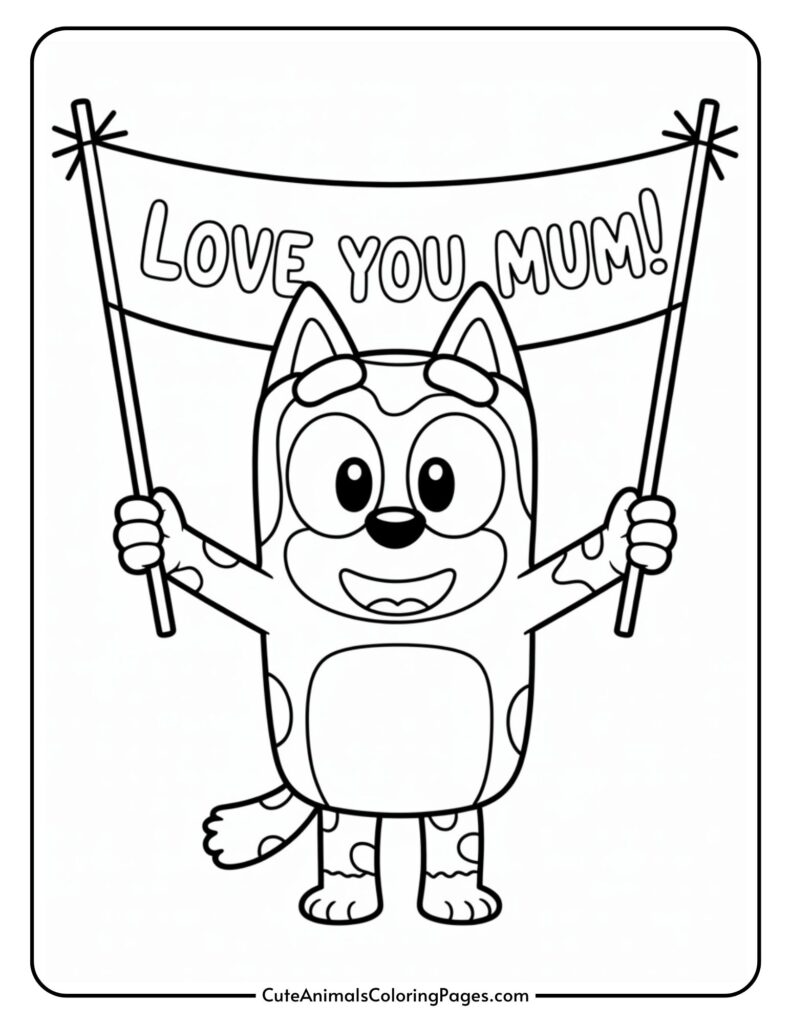 A cartoon dog holds a banner reading "Love You Mum!" while smiling.