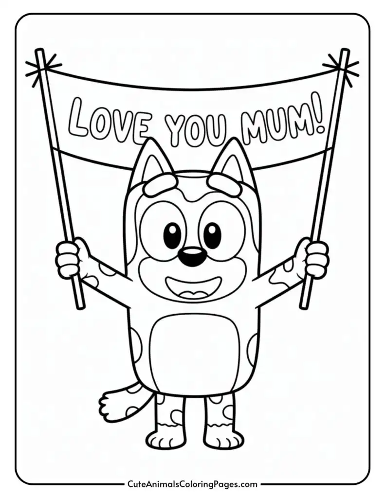 A cartoon dog holds a banner reading "Love You Mum!" while smiling.