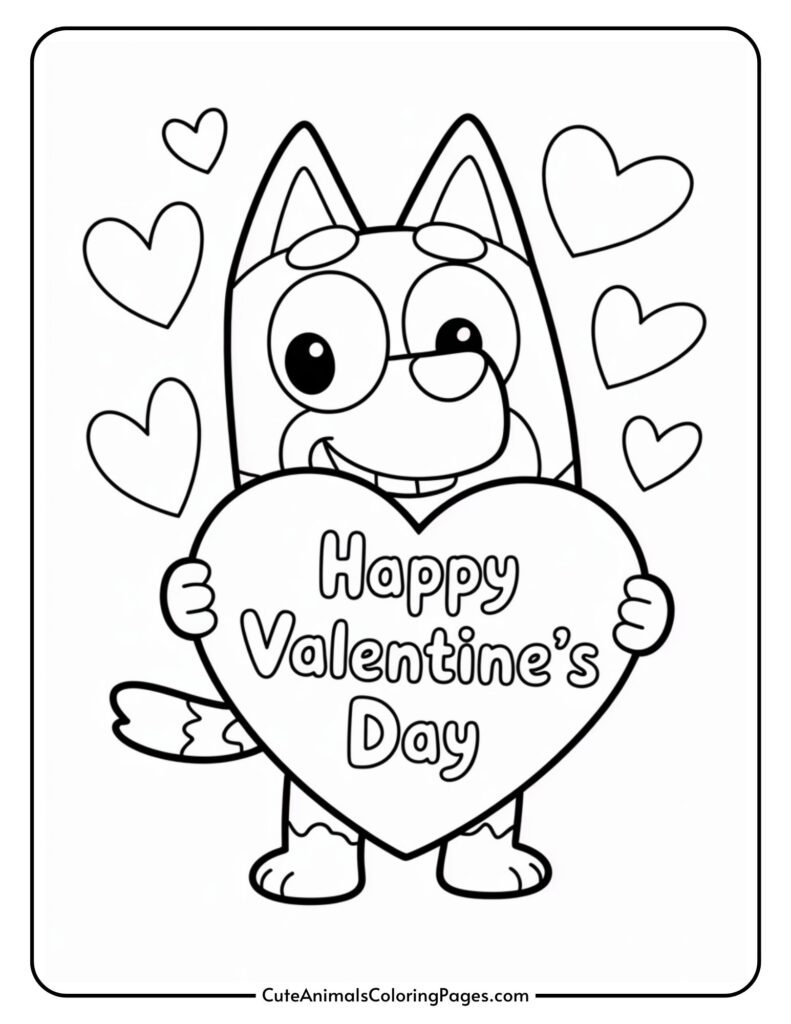 Cartoon dog holding a heart with "Happy Valentine's Day" surrounded by smaller hearts.