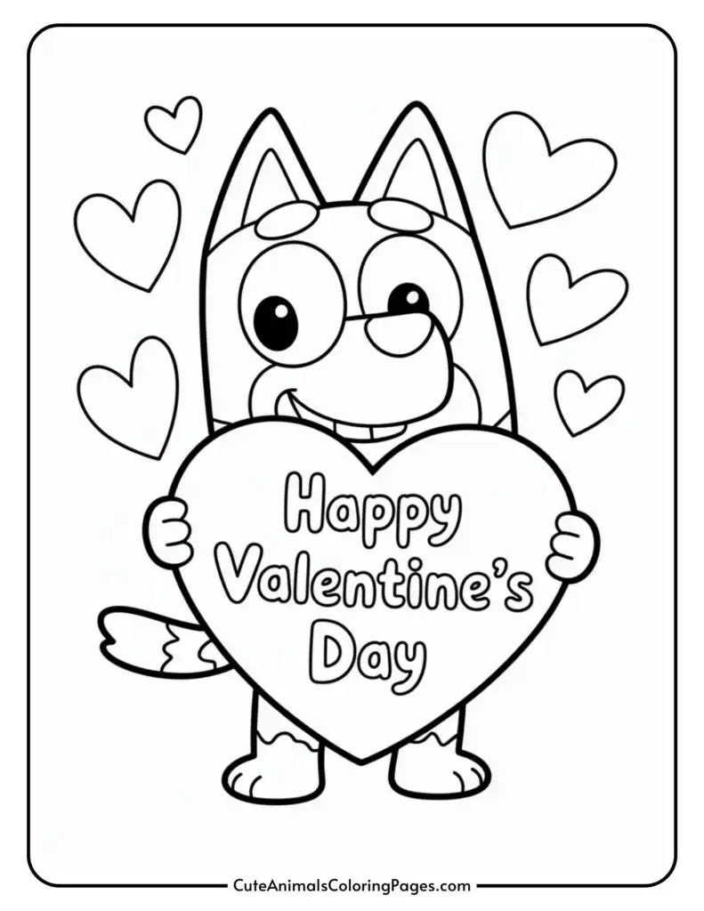 Cartoon dog holding a heart with "Happy Valentine's Day" surrounded by smaller hearts.