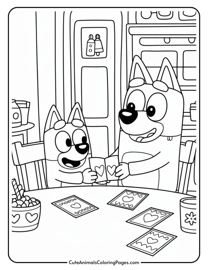 Two cartoon dogs happily exchanging heart-decorated cards at a table.
