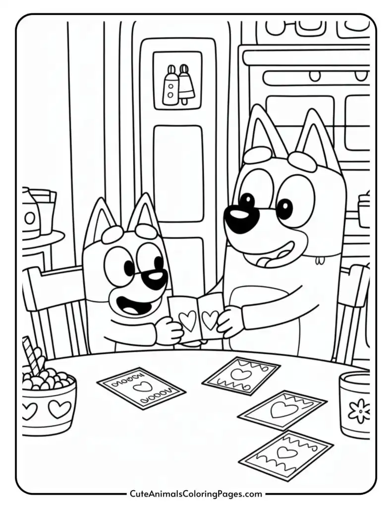 Two cartoon dogs happily exchanging heart-decorated cards at a table.