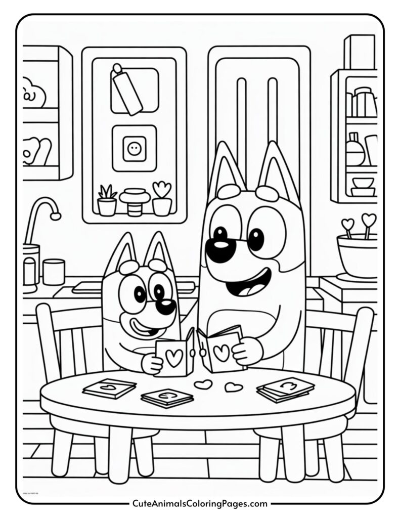 Two cartoon dog characters joyfully creating crafts at a round table in a cozy room.