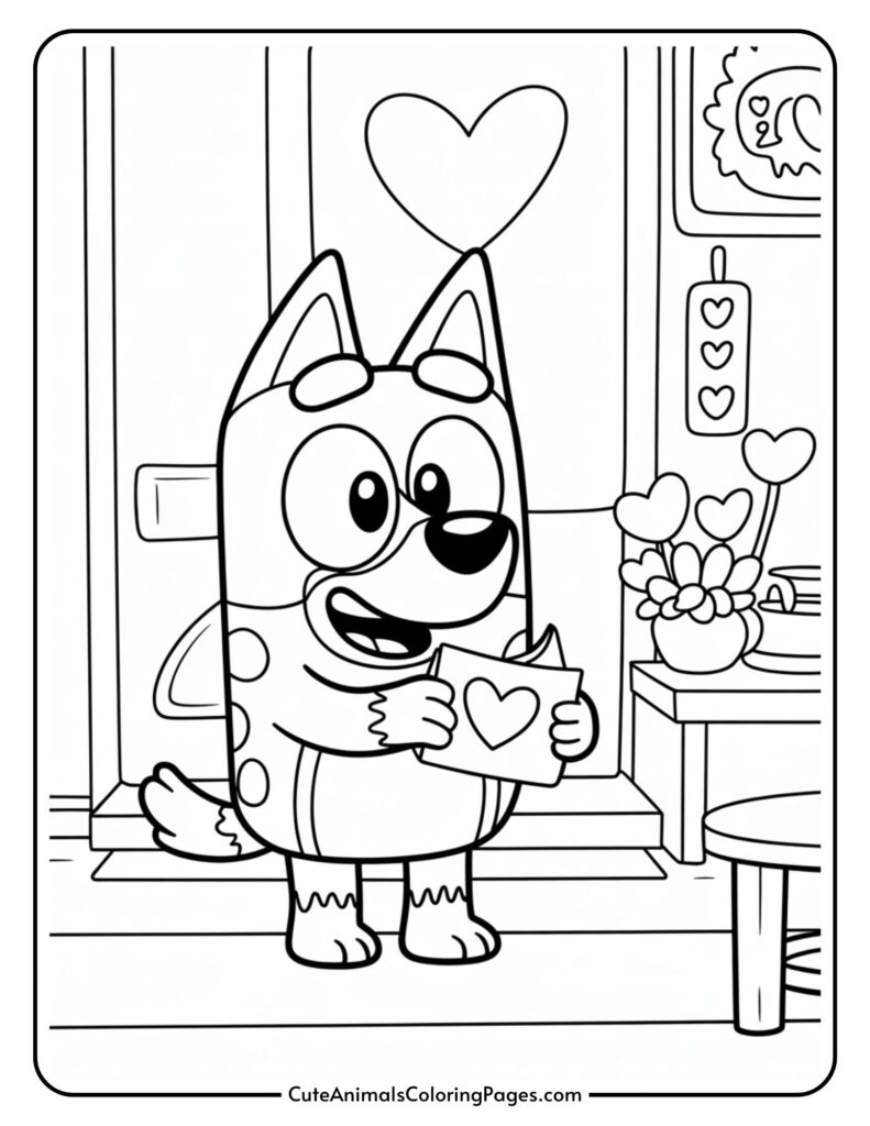 A cartoon dog holding a card with a heart, surrounded by heart decorations and a pot of heart-shaped flowers.