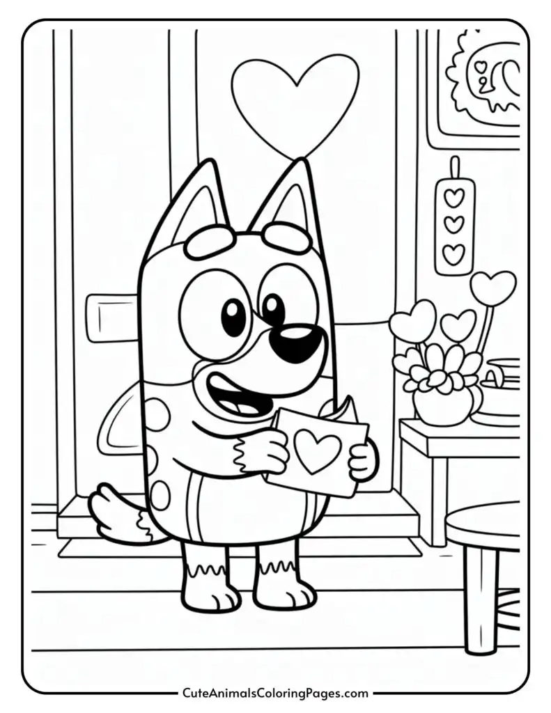A cartoon dog holding a card with a heart, surrounded by heart decorations and a pot of heart-shaped flowers.