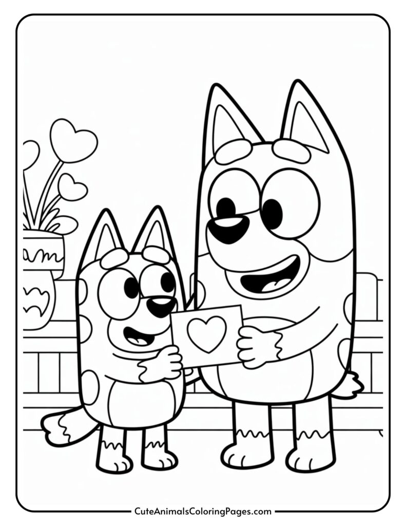 Two cartoon dogs smiling while exchanging a card with a heart on it, in a room decorated with heart-shaped plants.