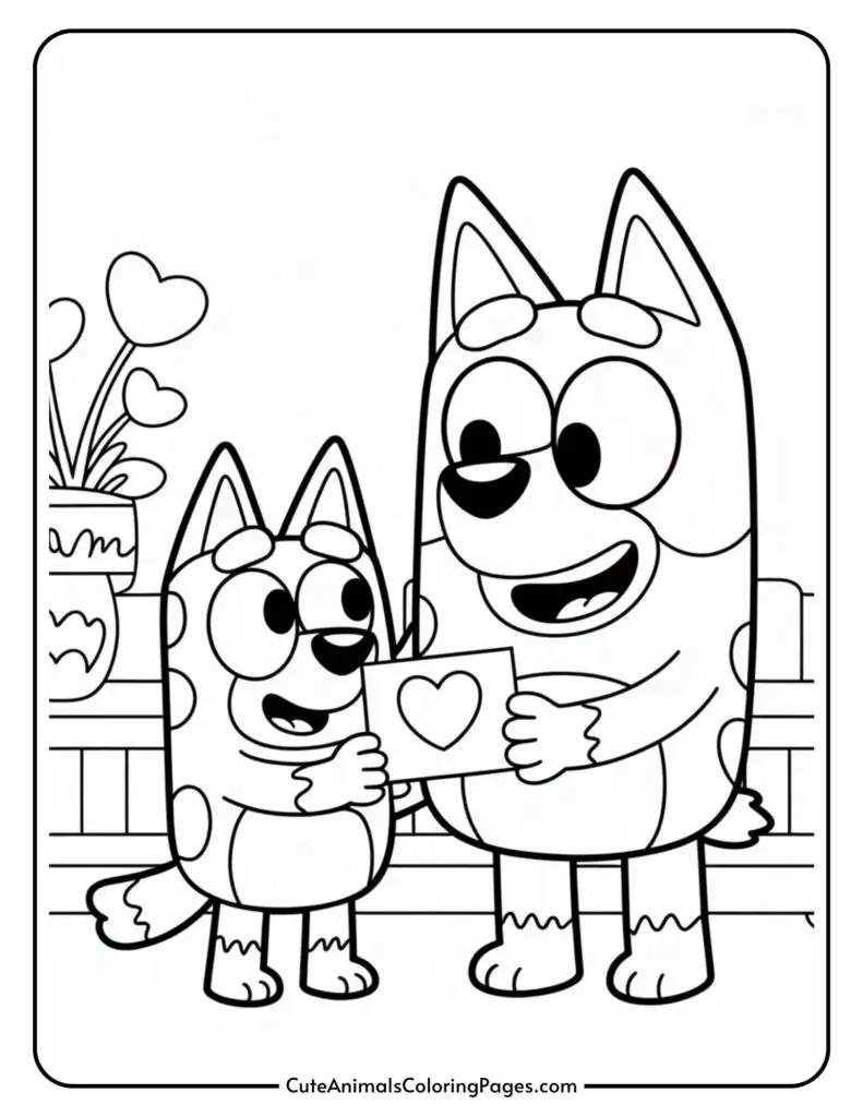 Two cartoon dogs smiling while exchanging a card with a heart on it, in a room decorated with heart-shaped plants.