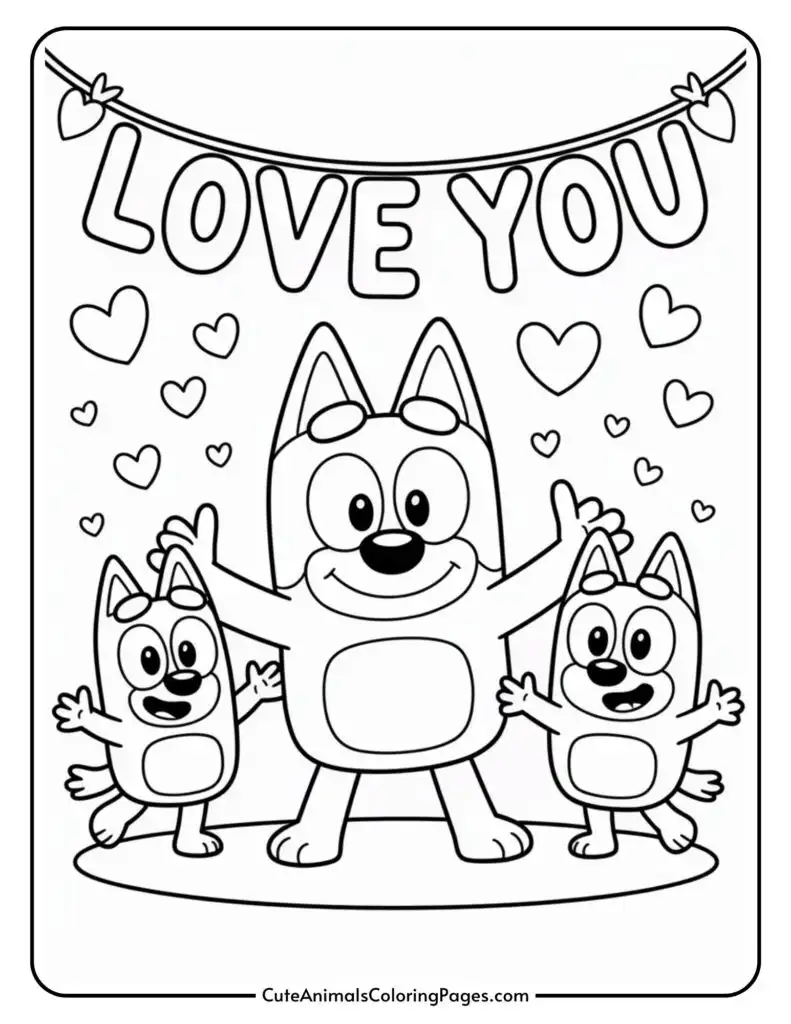 Cartoon animals celebrate with a "Love You" banner and hearts above them.