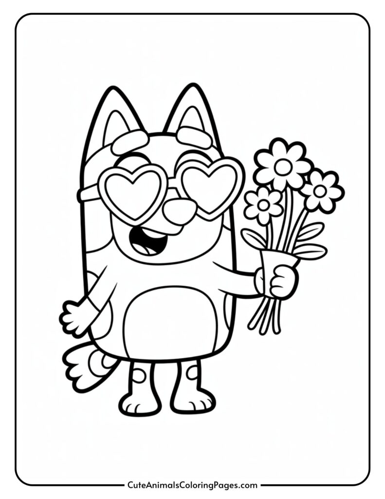 Cartoon animal wearing heart-shaped sunglasses, holding a bouquet of flowers and smiling.