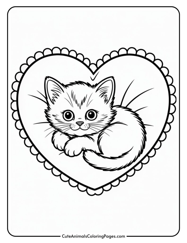 A coloring page featuring a cute, fluffy kitten nestled inside a heart with a scalloped border.