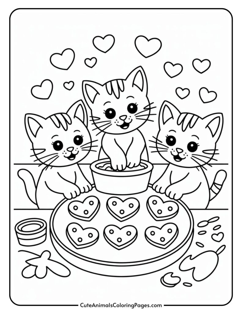 Three cartoon kittens baking heart-shaped cookies with hearts floating above them.
