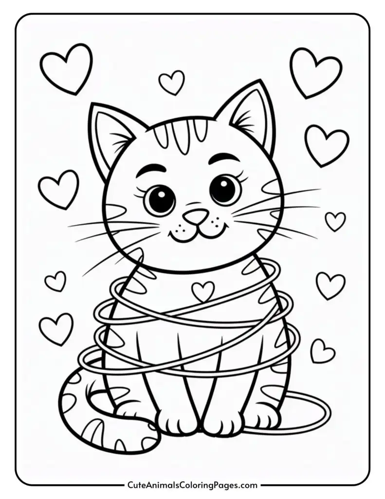 Cartoon cat wrapped in a ribbon, surrounded by hearts, with a happy expression.
