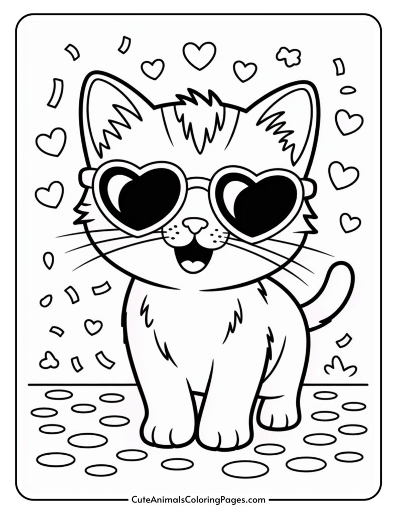 Cartoon cat wearing heart-shaped sunglasses, surrounded by floating hearts and confetti.