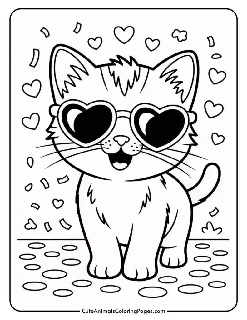 Cartoon cat wearing heart-shaped sunglasses, surrounded by floating hearts and confetti.