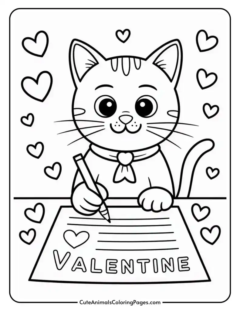 A cartoon cat writes "Valentine" on a paper, surrounded by heart shapes.