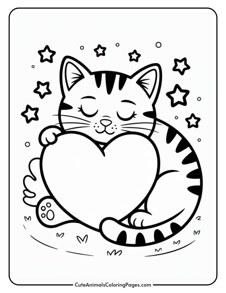 A cute cartoon cat hugging a large heart, surrounded by stars.