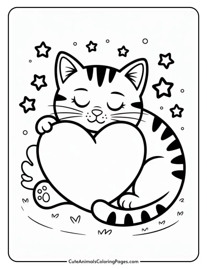 A cute cartoon cat hugging a large heart, surrounded by stars.