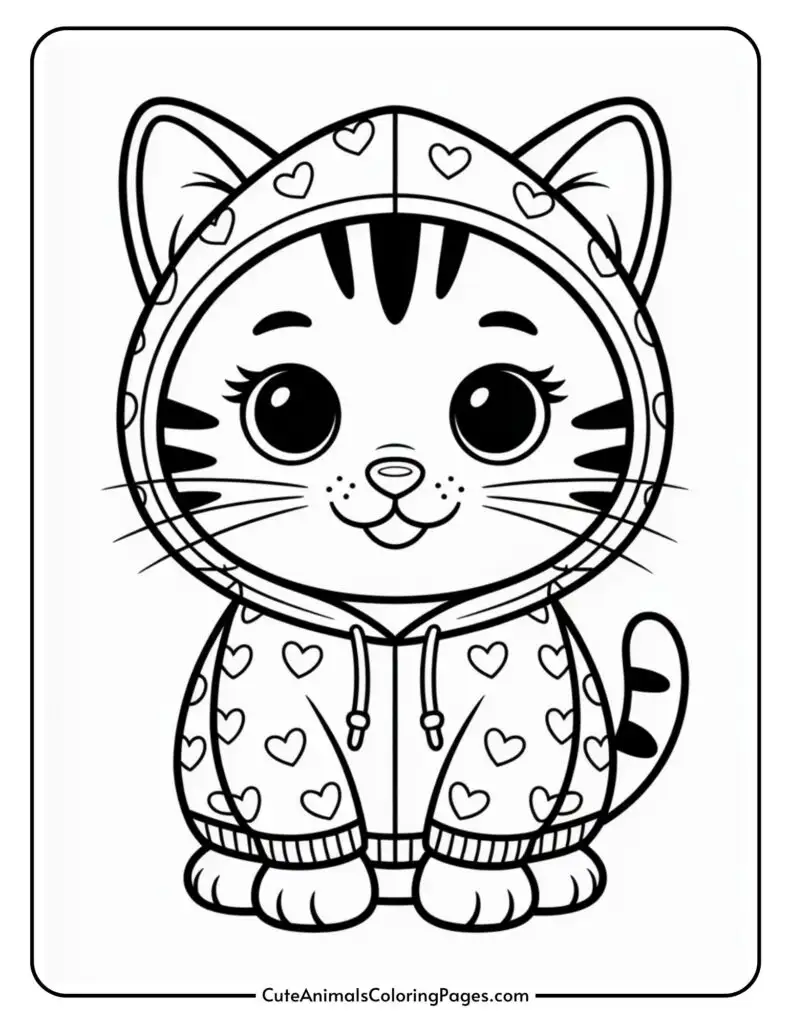 Cartoon kitten wearing a heart-patterned hoodie, sitting with large eyes and stripes, designed as a coloring page.
