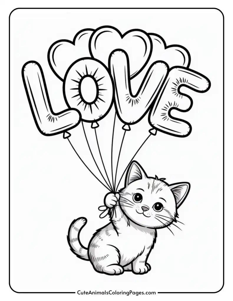 A cute cartoon kitten holding balloons shaped like the word "LOVE."