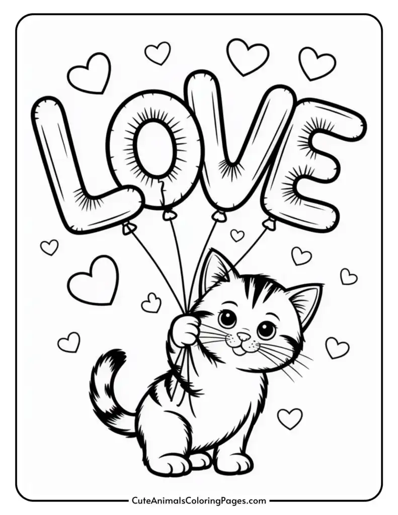 A cartoon kitten holds balloons shaped like the word "LOVE" with hearts surrounding it.