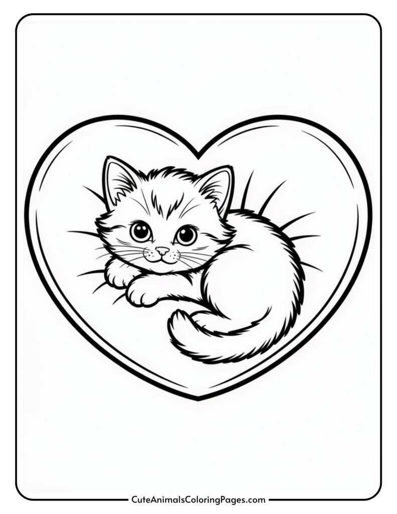 A cute cartoon kitten curled up inside a heart shape, lying on a pillow.