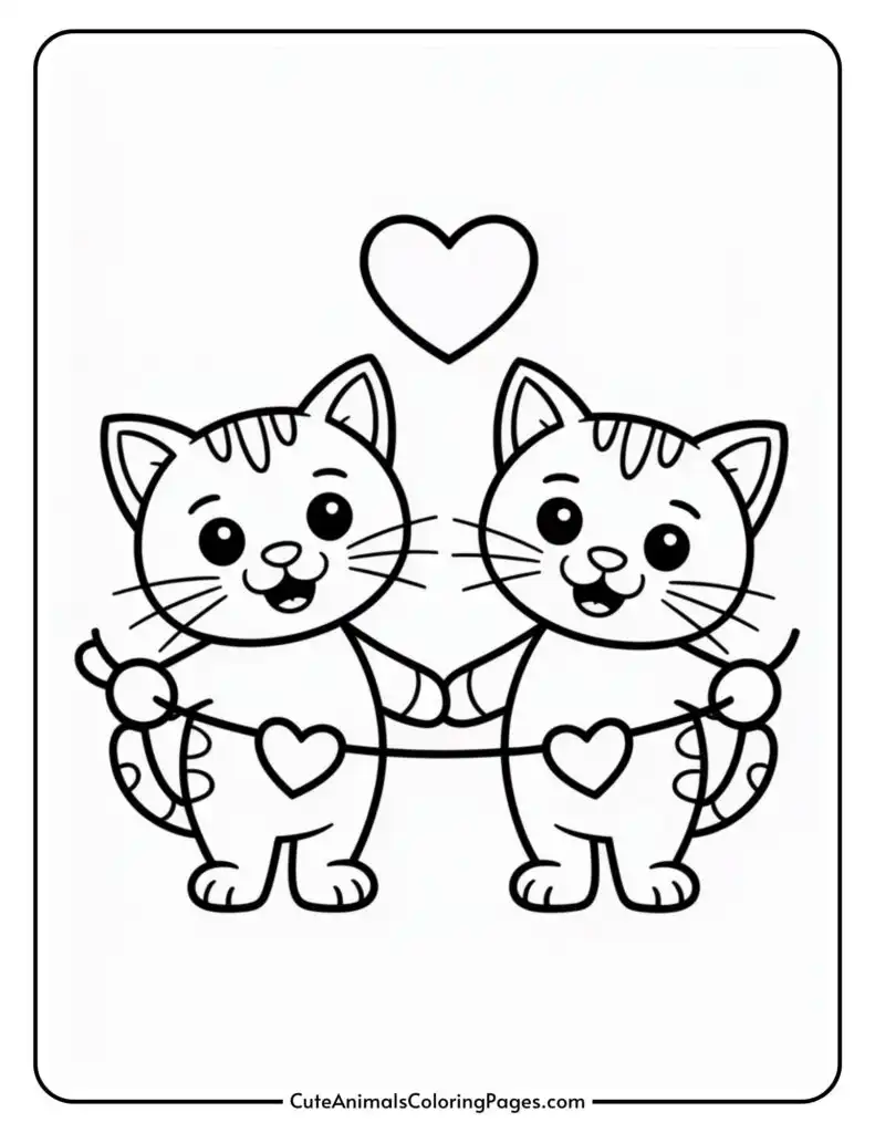 Two cartoon kittens holding a heart-shaped string, with a heart symbol above them.