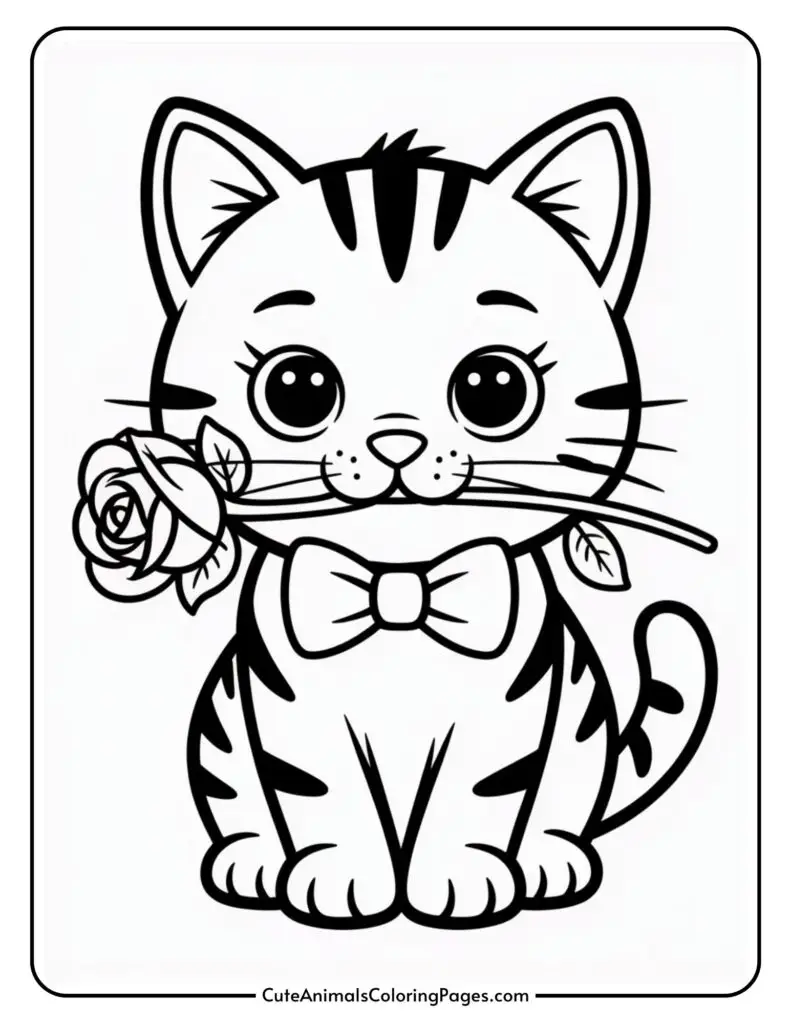 A cartoon kitten with stripes holds a rose in its mouth and wears a bow tie.