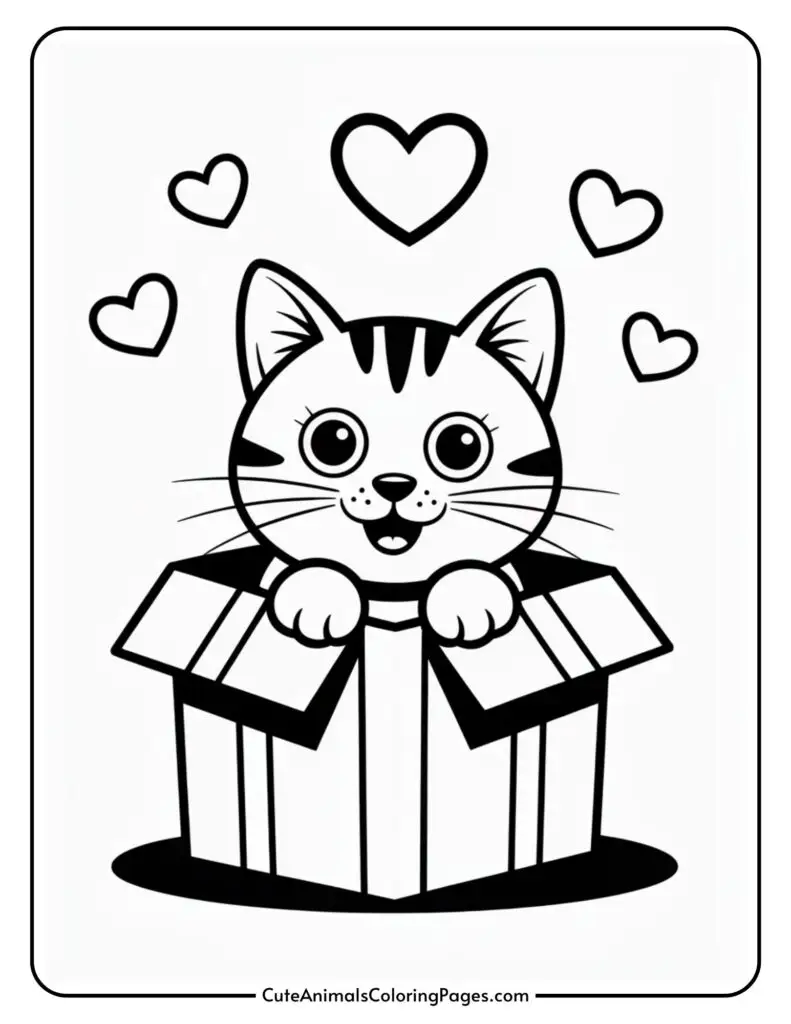 A cartoon cat peeks out of a gift box with hearts floating around it.