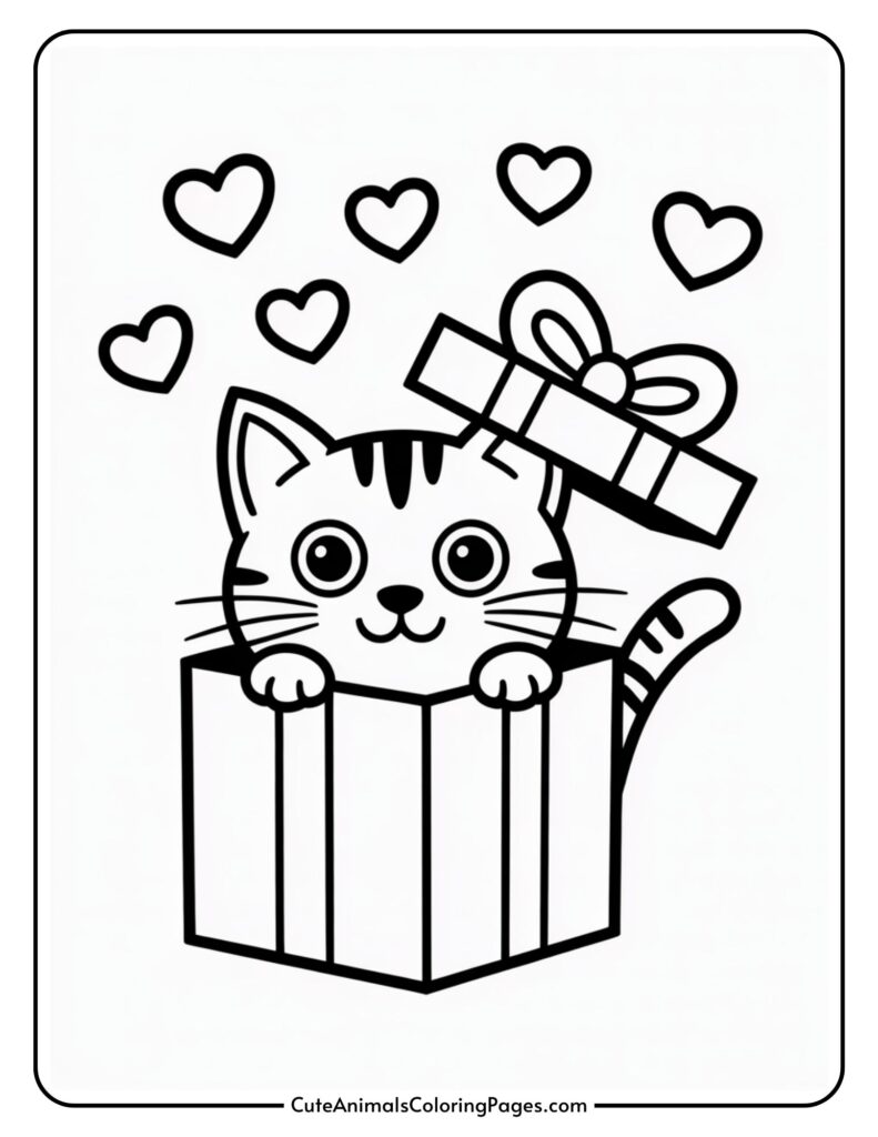 A cartoon kitten peeks out of a gift box with a bow, surrounded by floating heart shapes.