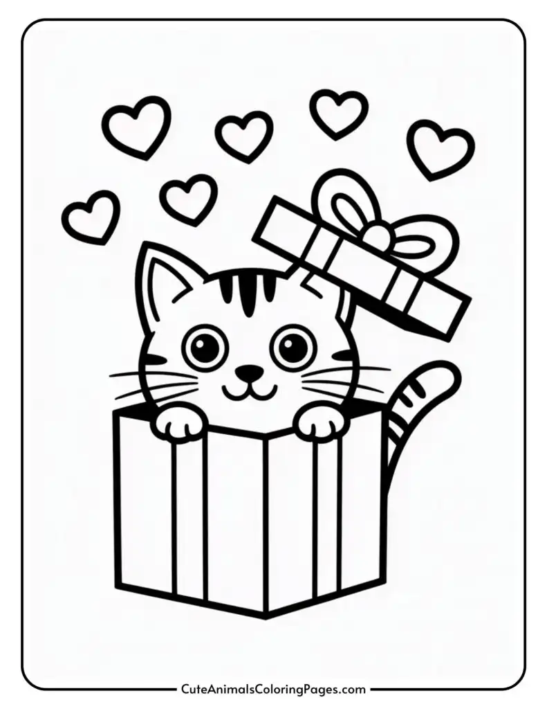 A cartoon kitten peeks out of a gift box with a bow, surrounded by floating heart shapes.
