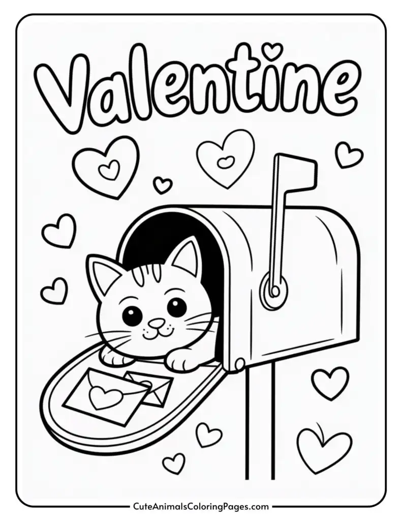 A cute kitten peeking out from an open mailbox with hearts and an envelope, surrounded by the word "Valentine" and more hearts.