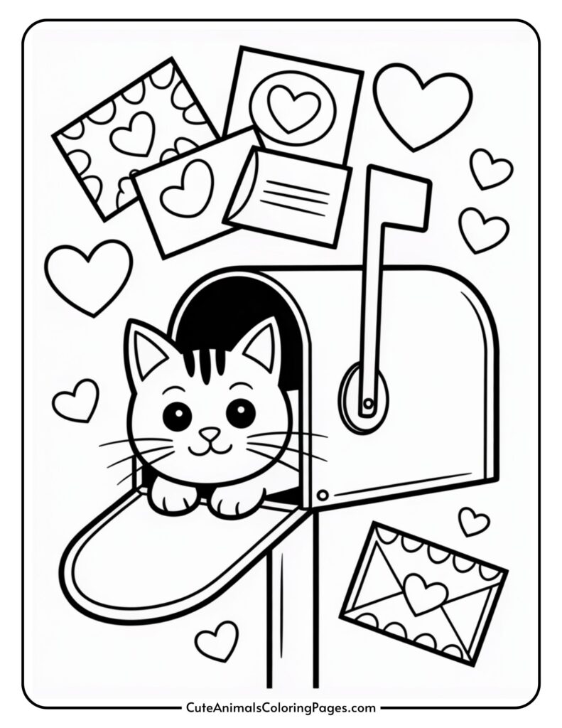 A cute cat peeking out of a mailbox surrounded by heart-decorated envelopes and floating hearts.