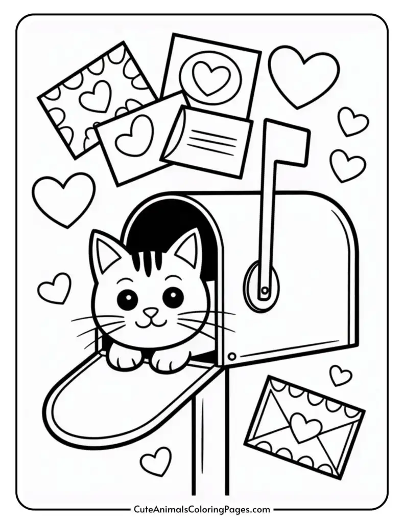 A cute cat peeking out of a mailbox surrounded by heart-decorated envelopes and floating hearts.