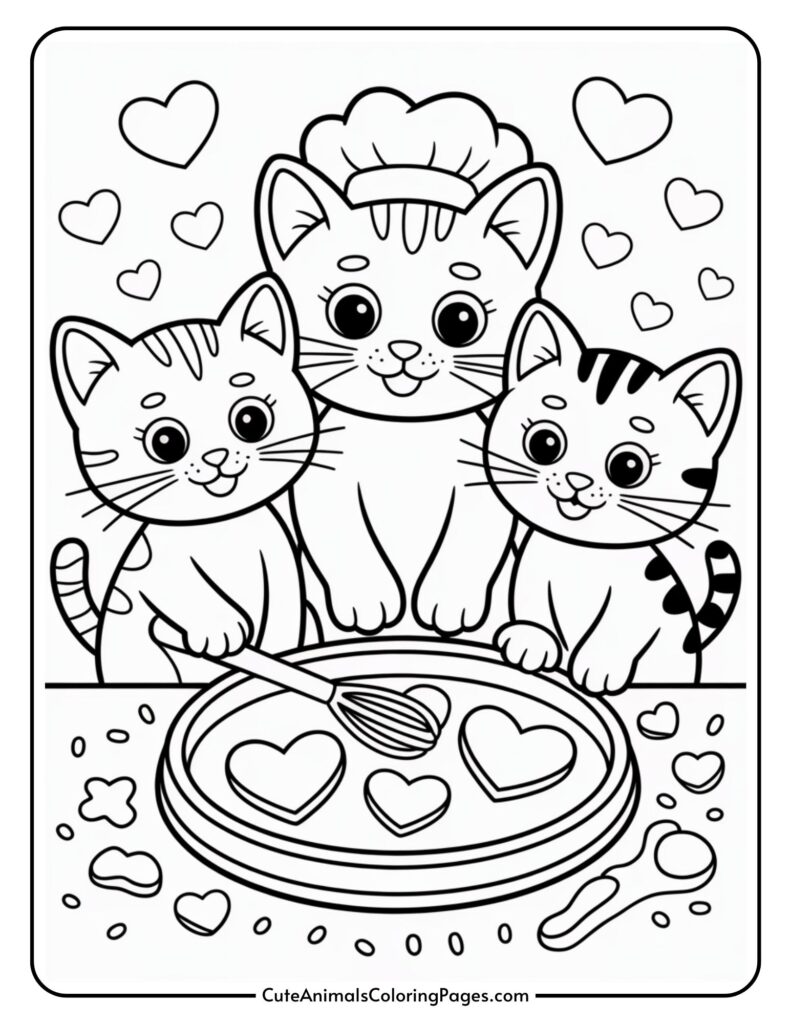 Three cartoon kittens with a chef hat surround a table with heart-shaped cookies and hearts floating around them.