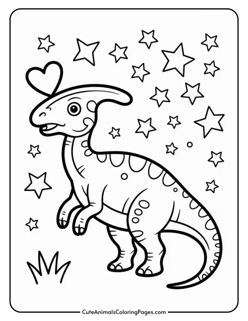 Cartoon dinosaur with stars and a heart above in a coloring page.