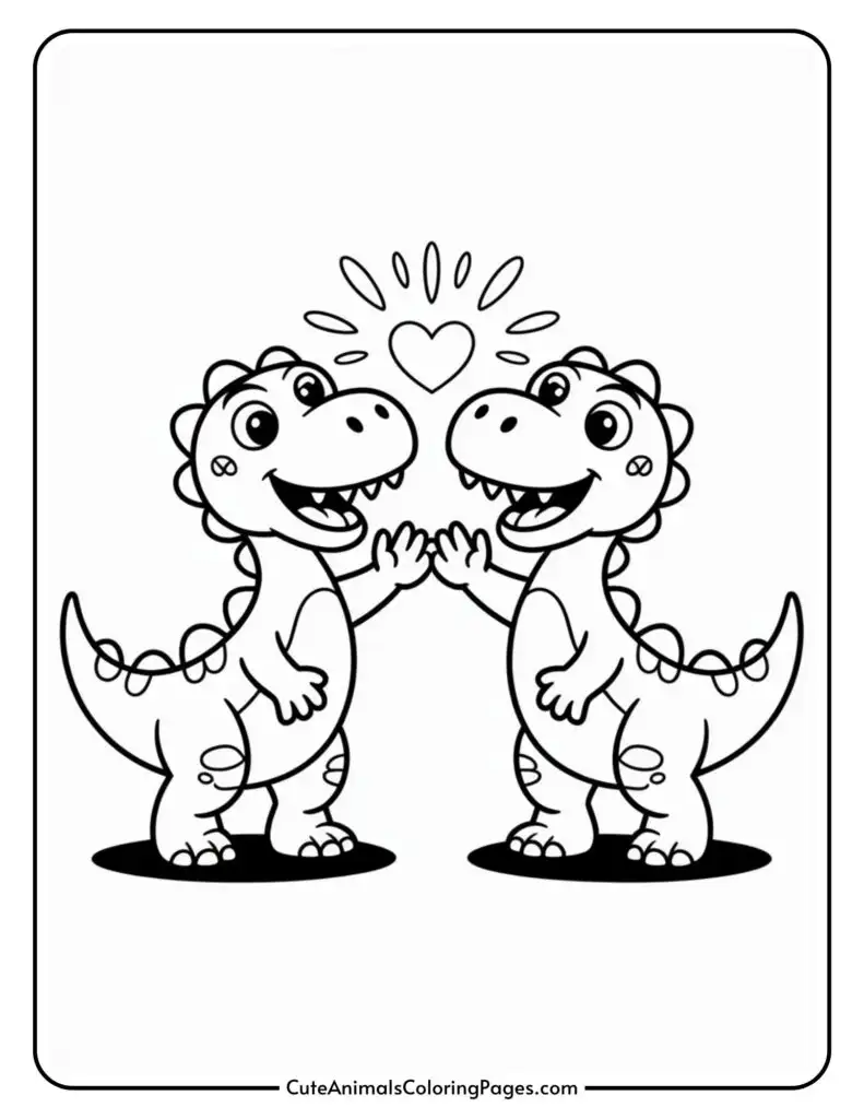Two cartoon dinosaurs smiling and touching hands with a heart symbol above them.