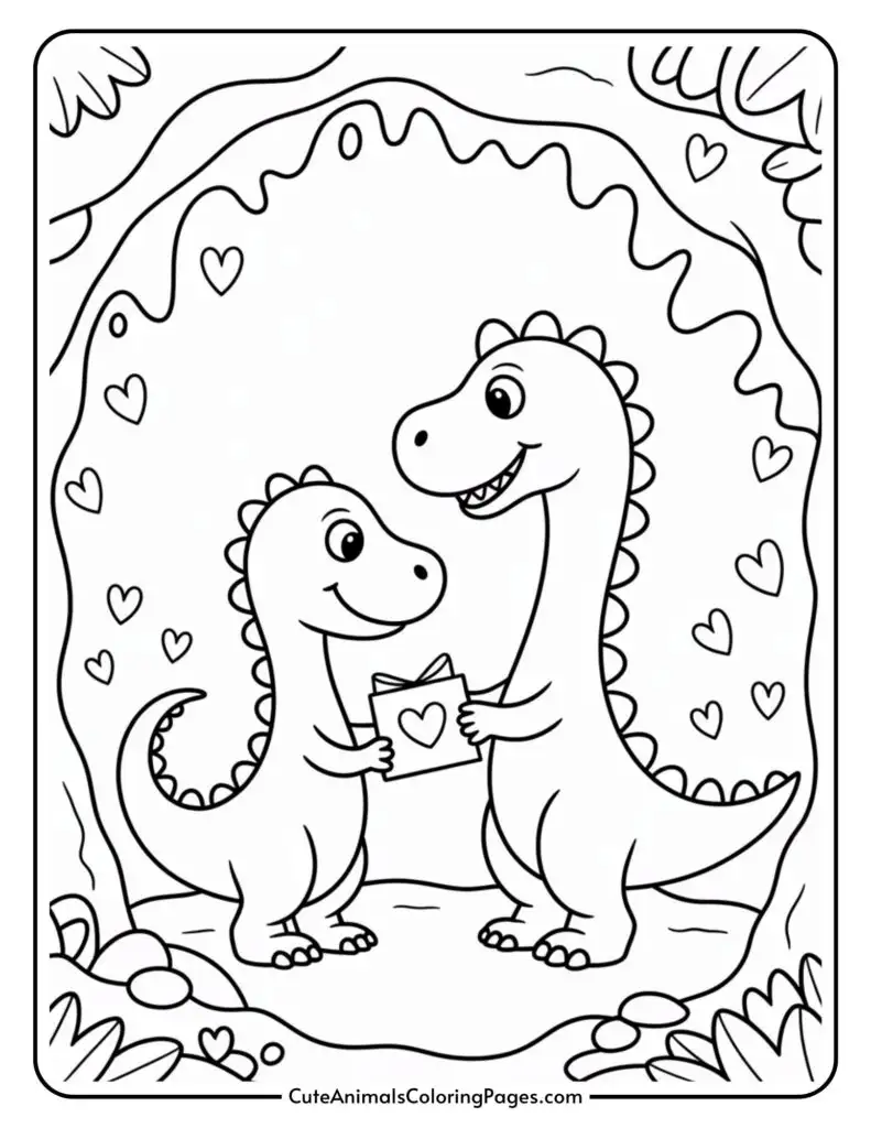 Two cute cartoon dinosaurs exchanging a heart-marked gift inside a decorated cave with heart shapes around them.