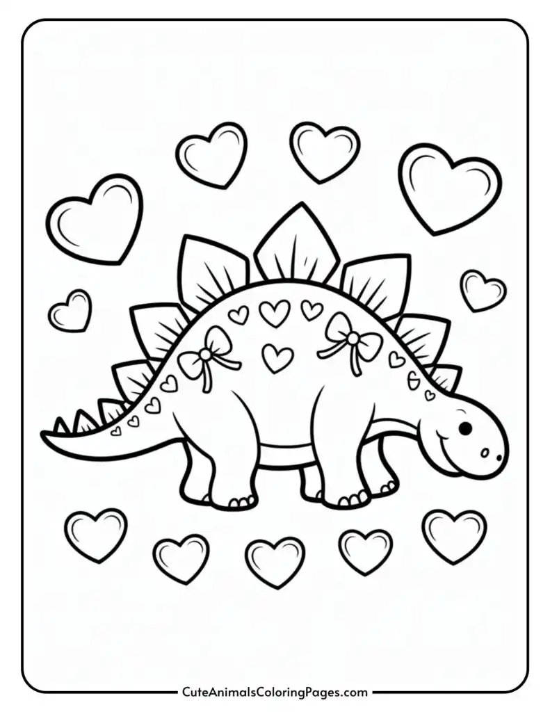 A cartoon stegosaurus adorned with hearts and bows, surrounded by floating hearts.