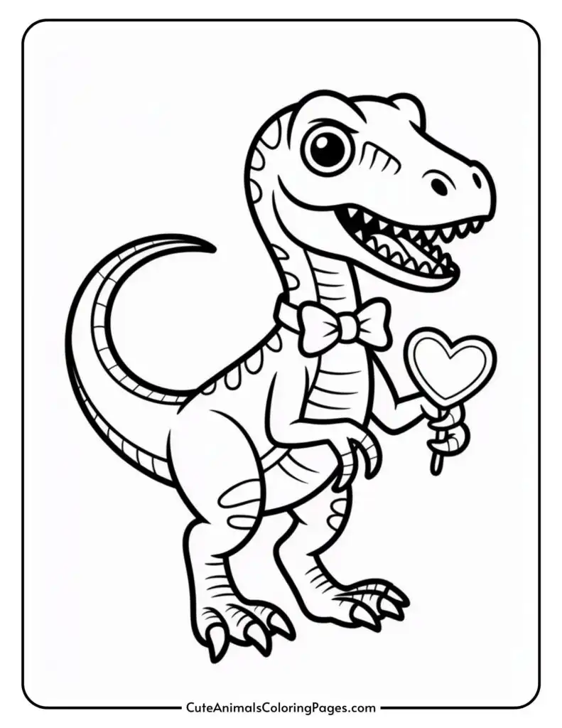 A cartoon dinosaur wearing a bow tie holds a heart-shaped lollipop, smiling with a playful expression.