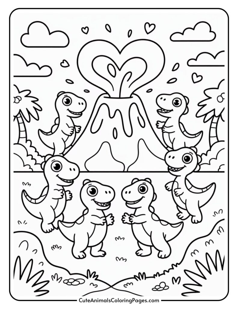 Five cartoon dinosaurs surround a volcano with a heart-shaped smoke cloud in a playful, tropical setting.
