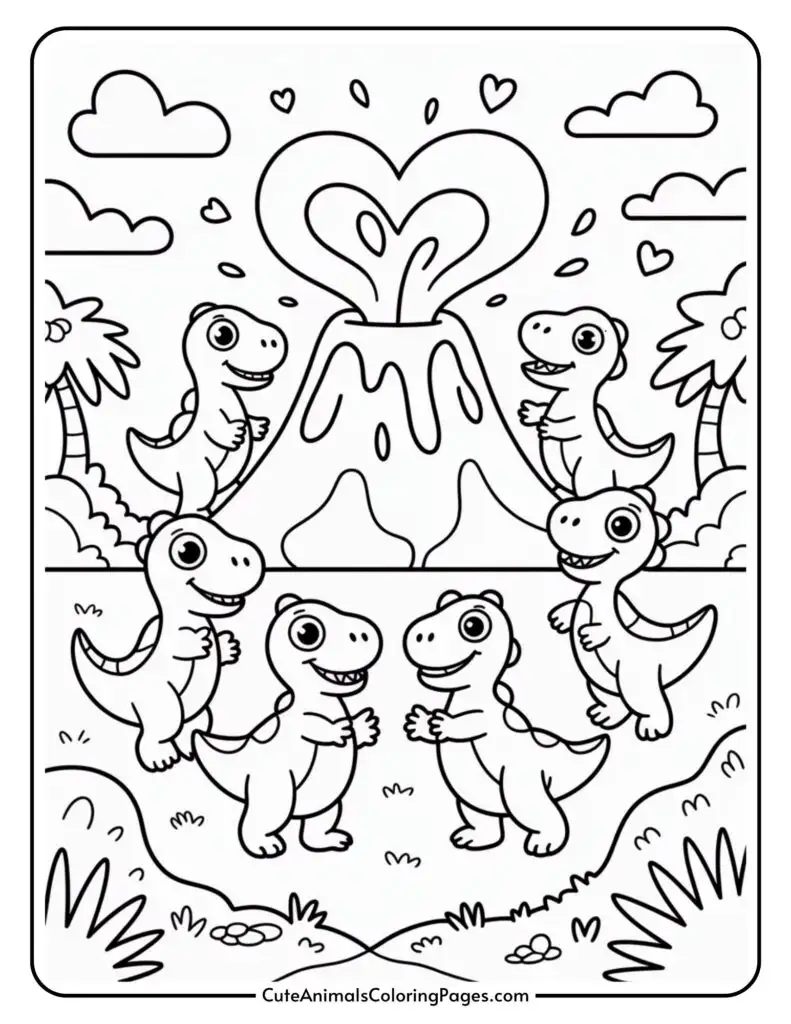 Five cartoon dinosaurs surround a volcano with a heart-shaped smoke cloud in a playful, tropical setting.